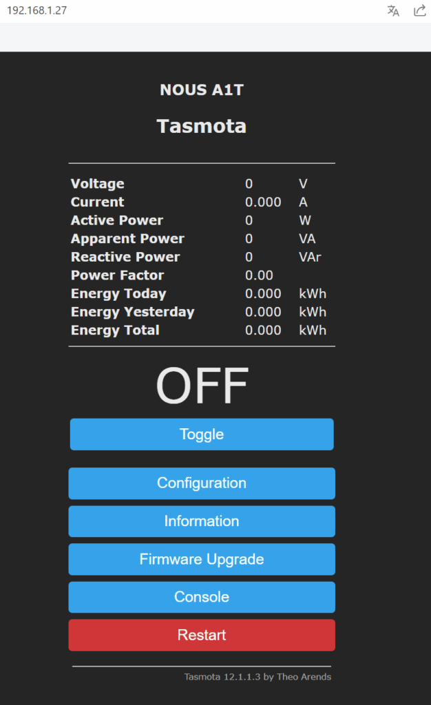 Tasmota 12.1.3 control page for A1T NOUS socket showing OFF status and consumption data