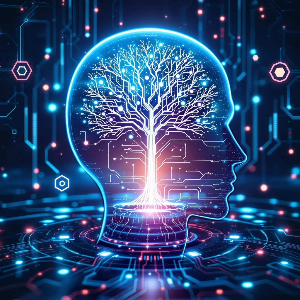 Futuristic AllSys AI interface with human-technology interaction