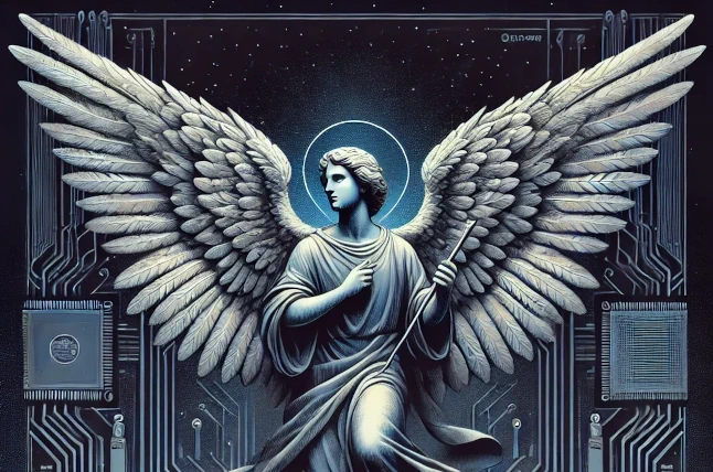 Conceptual illustration of AllSys artificial intelligence represented as a technological archangel symbolizing a different AI.